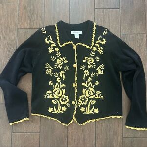 90s Arriviste Gold Floral Scroll Embroidered Black Button-Up Cardigan Blazer L